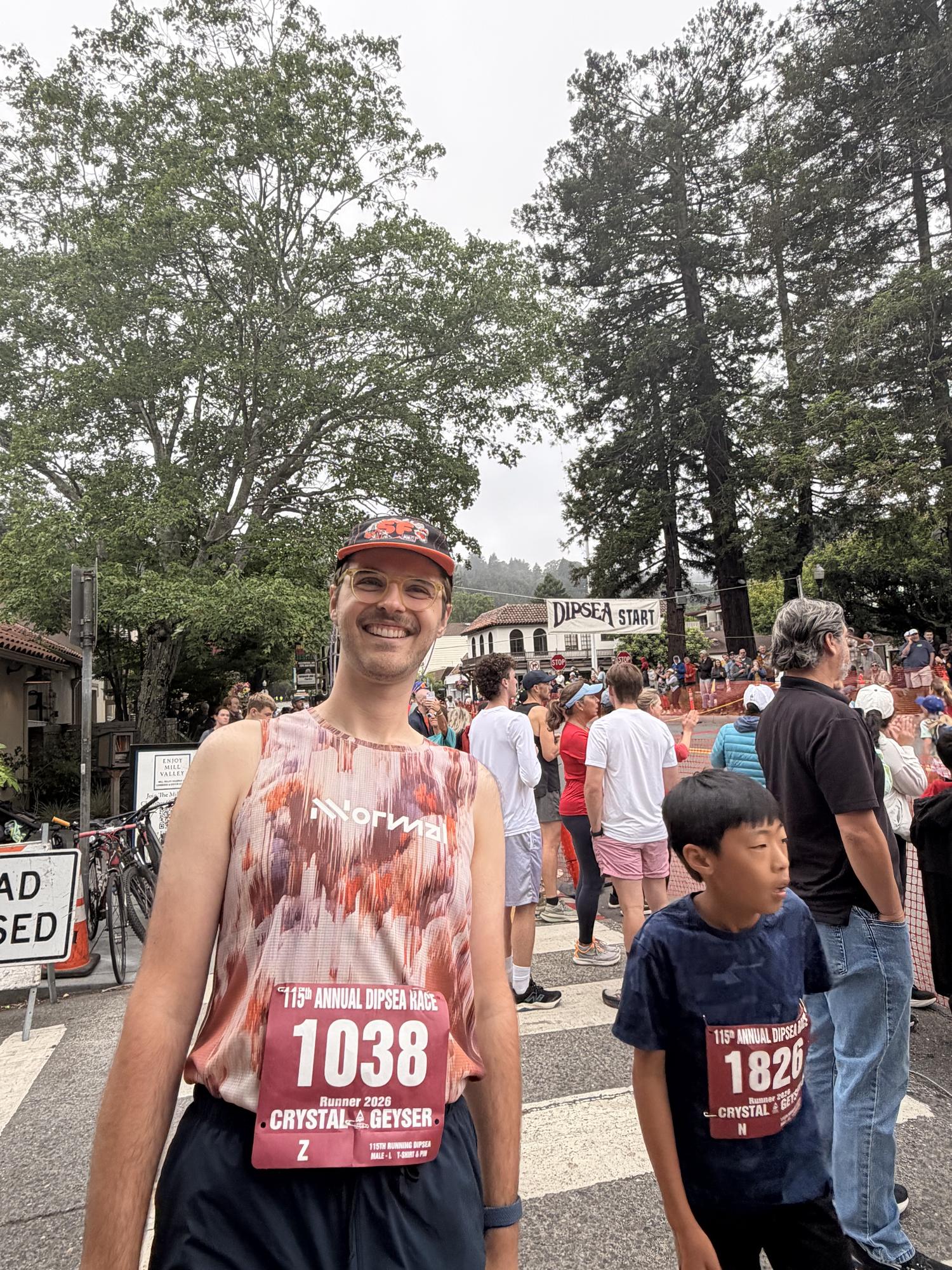 Jake Heller wearing a race bib at the Dipsea trail race in Marin County, California